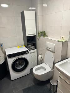 a bathroom with a washing machine and a toilet at Komplett neu renovierte Wohnung! in Hannover