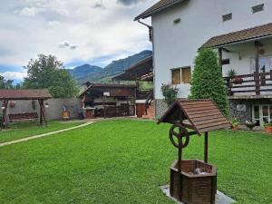 a yard with a bird feeder in front of a house at Casa Doi Crai in Zărneşti