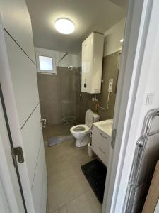 a small bathroom with a toilet and a sink at Holdfény apartman in Makó +31 photos