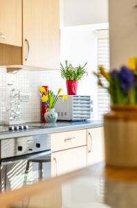a kitchen with flowers in vases on a counter at City Centre Haven in Perth