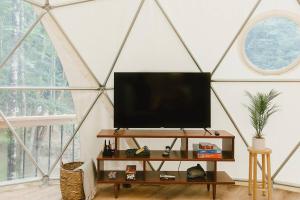 ein Flachbildfernseher auf einem Ständer in einem Raum mit einer Pyramide in der Unterkunft "Home Sweet Dome" MODERN TREEHOUSE STAY w/ Hot Tub in Rogers