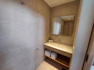 a bathroom with a sink and a mirror at Comfort bungalow 02 in Putten +9 photos