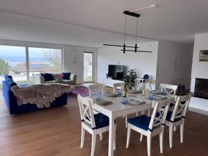 TV a/nebo společenská místnost v ubytování seeglueck SEESEHNSUCHT - Exklusive Ferienwohnung mit Kamin Whirlpool-Badewanne und Seeblick auf der Halbinsel Höri