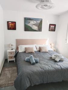 ein Schlafzimmer mit einem großen Bett mit zwei Kissen darauf in der Unterkunft Casa Robles, casa con piscina y barbacoa in Partida de La Cañada + 46 Fotos