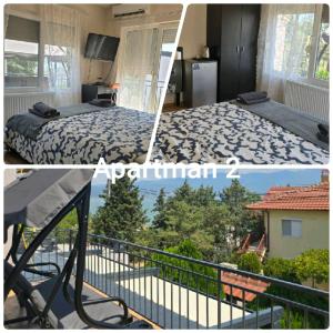 a collage of three pictures of a bedroom and a balcony at Villa Toni Mediterranean Family Lake Retreat in Star Dojran