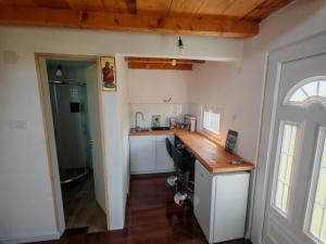 a kitchen with a wooden counter top in a room at Vila Dobrila, Tenis kućica in Avala