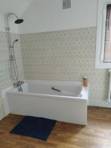 a white bath tub with a shower in a bathroom at L'étang du griffolet 3 in Ussac