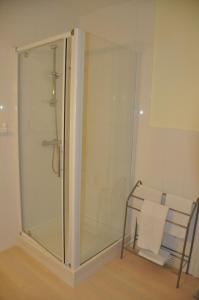 a shower with a glass door in a bathroom at Appart'Hôtel de France in La Tour-du-Pin