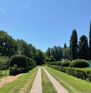 einen Weg durch einen Garten mit Büschen und Bäumen in der Unterkunft La finestra sul parco Croara Country Club in Pieve Dugliara