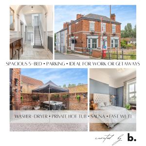 a collage of photos of a home at Riverside Georgian House with Hot Tub, Sauna & Parking in Selby