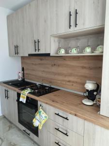 a kitchen with a stove and wooden cabinets at Unique apartments in Timişoara