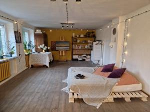 a bedroom with a bed and a couch in a room at Mākslas studija Koknesē in Koknese