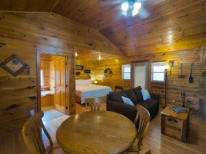 a living room with a couch and a table in a cabin at Wild Plum Cabin No.1 in Eureka Springs