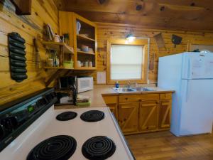 Una cocina con estufa y refrigerador blanco. en Wild Plum Cabin No. 2, en Eureka Springs