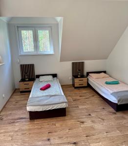 2 łóżka w pokoju z drewnianą podłogą w obiekcie Domek Chańcza w mieście Chańcza