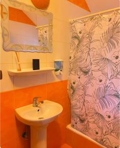 a bathroom with a sink and a shower curtain at Casa de vacanța Ariana in Borşa