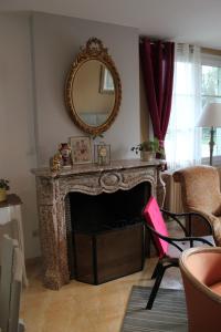 a living room with a fireplace and a mirror at gîte Joséphine in Attin