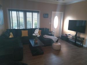 un salon avec un canapé noir et une télévision dans l'établissement Vacation Haven Cottages, à Rolleville