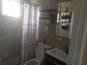 une salle de bain avec toilettes et lavabo dans l'établissement Vacation Haven Cottages, à Rolleville