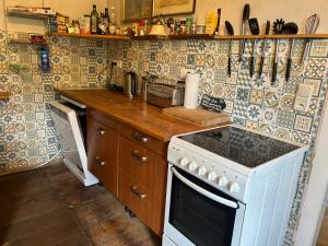 a kitchen with a white stove and a counter top at FeWo Therese Schloss Weitersroda in Hildburghausen +7 photos