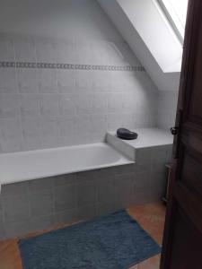 a bathroom with a white tub with a blue rug at La longére du Lesty in Ambon