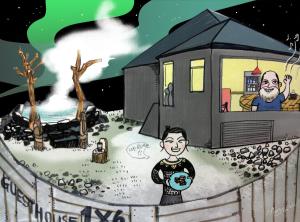 a cartoon of a man standing in front of a house at Guesthouse 1x6 in Keflavík
