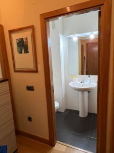 un bagno con lavandino, WC e specchio di Apartamento Jerez a Jerez de la Frontera Altre 4 foto