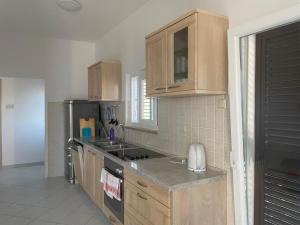 a kitchen with wooden cabinets and a sink and a refrigerator at Sunrise Sunset Seaview Walk to Vis Iconic Beaches in Rukavac +19 photos