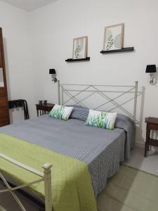a bed with a metal frame and two pillows at La casa di Nenni in Santa Giusta