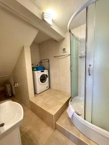 a bathroom with a shower and a washing machine at Apartments Radonicic in Kotor +56 photos