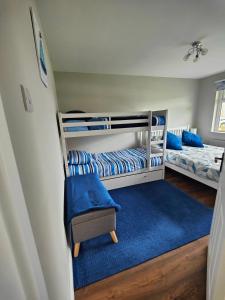 ein Schlafzimmer mit zwei Etagenbetten und einem blauen Teppich in der Unterkunft Molly's Cottage in Glenariff