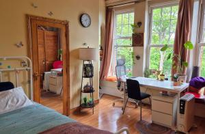 伦敦Cozy En-Suite Studio - Bright, Central & Green的带床和书桌的卧室