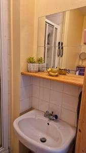 伦敦Cozy En-Suite Studio - Bright, Central & Green的带白色水槽和镜子的浴室