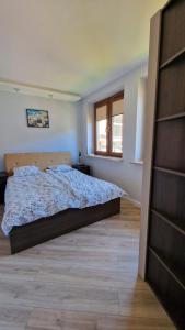 a bedroom with a bed and a window at Apartament Opera in Krynica Zdrój