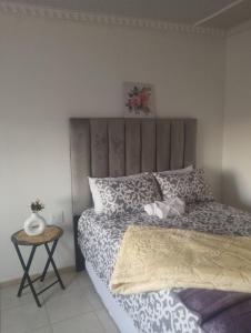 a bedroom with a bed with a gray headboard and a table at Khetshane Consortium private park and restaurants in Ntswanahatshe