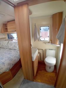 a small bathroom with a toilet and a sink at Railway cottage caravan in Oban +11 photos