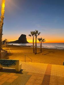 una panchina su una spiaggia con palme e l'oceano di Estudio Playa Calpe a Calpe