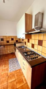 a kitchen with a stove top oven in a kitchen at Appartamento da Cece - Filattiera in Filattiera +3 photos