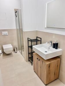 a bathroom with a sink and a toilet at Cozy Voyage - Frauenkirche 1 - Zentral und ruhig in Dresden