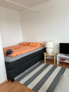 a bedroom with a bed and a table with a television at Apartment Kopin4 in Kokkola