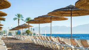 une rangée de chaises et de parasols sur une plage dans l'établissement נופש משפחתי באילת עם נוף לים האדום, à Eilat