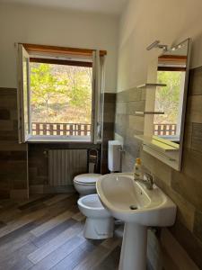 a bathroom with a sink and a toilet and a window at Gold Cave casa vacanze relax nel bosco appartamenti in Pessinetto