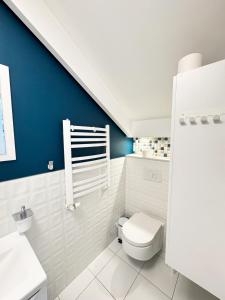 een badkamer met een wit toilet en een blauwe muur bij Mountain Szczyrk ApArt Bratków 10A in Szczyrk +50 foto's