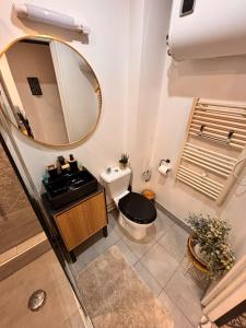 łazienka z toaletą, umywalką i lustrem w obiekcie F2 moderne proche Paris w mieście Alfortville