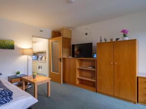 a living room with a bed and a room with a television at KOMFORTABLES HELLES 2-Zimmer-APPARTMENT in Waldkirchen