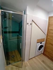 a small bathroom with a glass door next to a washing machine at Appartamento Miele di Pino in Ziano di Fiemme