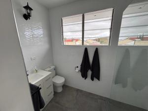 a bathroom with a toilet and a sink and a window at Tin Town suites in Herberton
