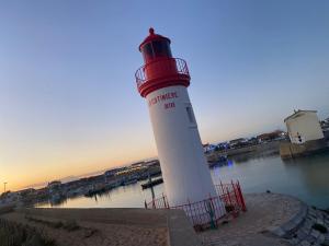 a red and white lighthouse next to a body of water at Brise des dunes in Saint-Pierre-dʼOléron