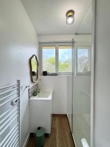 ein Badezimmer mit Dusche, Waschbecken und Spiegel in der Unterkunft Villa Cornelia Bagnoles Mezzanine Confort & Nature in Bagnoles de l'Orne