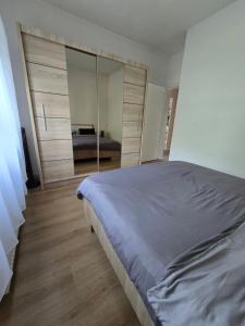 a bedroom with a large bed with a large mirror at Apartman Nia in Bihać